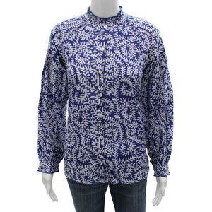 Madison Mathews Women Blue Floral High Neck Long Sleeve Blouse Cotton Size S